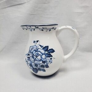 EARTHENWARE LANG PITCHER "Floral Blues" White w/ Blue Sherri Buck Baldwin Flower